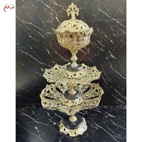 خرید آنلاین، ست پذیرایی میوه خوری و شکلات خوری برنز رنگ طلایی، سه طبقه با پایه های سنگی، زیر قیمت بازار | هنرظریف