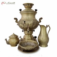 خرید آنلاین، سرویس شکیل سماور گازی برنجی با ورق ضخیم، کد 113 قلم زنی بسیار خاص همراه با ست قندان و پارچ، به قیمت تولیدی | هنرظریف