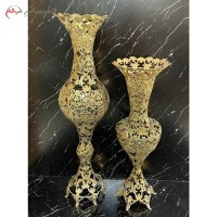 خرید آنلاین، گلدان های برنزی دو تیکه پایه دار در طرح گل یاس بزرگ و کوچک طلایی رنگ، ظریف کاری شده، به قیمت تولیدی | هنرظریف