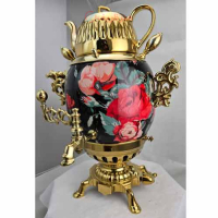 خرید، قیمت و مشخصات سماور گازی برنجی با طرح گلهای رنگارنگ و دستگیرههای برنجی ارزان و با کیفیت _ هنرظریف