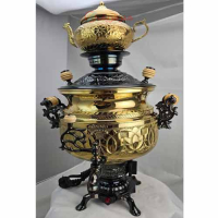 خرید، قیمت و مشخصات سماور برقی برنجی با روکش طلایی و دسته های چوبی دارای نقش و نگار ارزان و با کیفیت _ هنرظریف