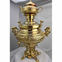 خرید، قیمت و مشخصات  سماور گازی برنجی با روکش طلایی و نقش برجسته ارزان و با کیفیت _ هنرظریف