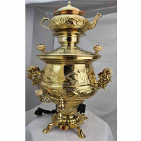 خرید، قیمت و مشخصات سماور برقی برنجی با روکش طلایی و طرح‌های گل و بوته و خطوط اسلیمی ارزان و با کیفیت _ هنرظریف