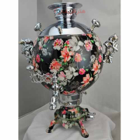 خرید، قیمت و مشخصات سماور برنجی نقره ای با طرح گل های رنگارنگ بر روی زمینه مشکی ارزان و با کیفیت _ هنرظریف