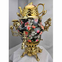 خرید، قیمت و مشخصات سماور برنجی طلایی با طرح گل های رنگارنگ ارزان و با کیفیت _ هنرظریف