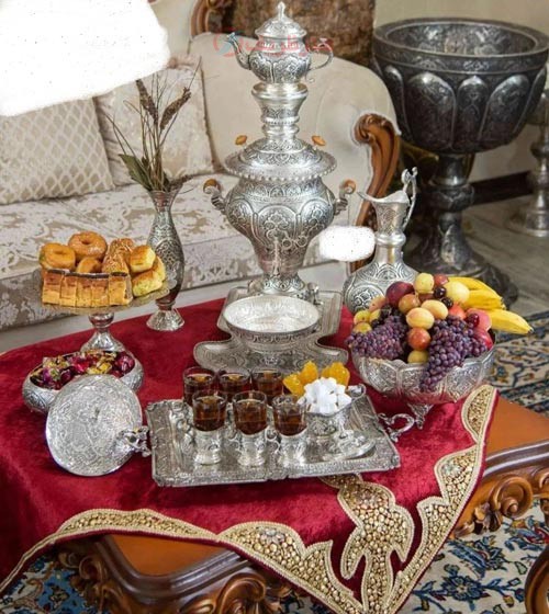 خرید، قیمت و مشخصات سرویس سماور دکوری برنجی 5 لیتری روکش نقره با چایخوری و شکلاتخوری، قیمت تولیدی | هنرظریف